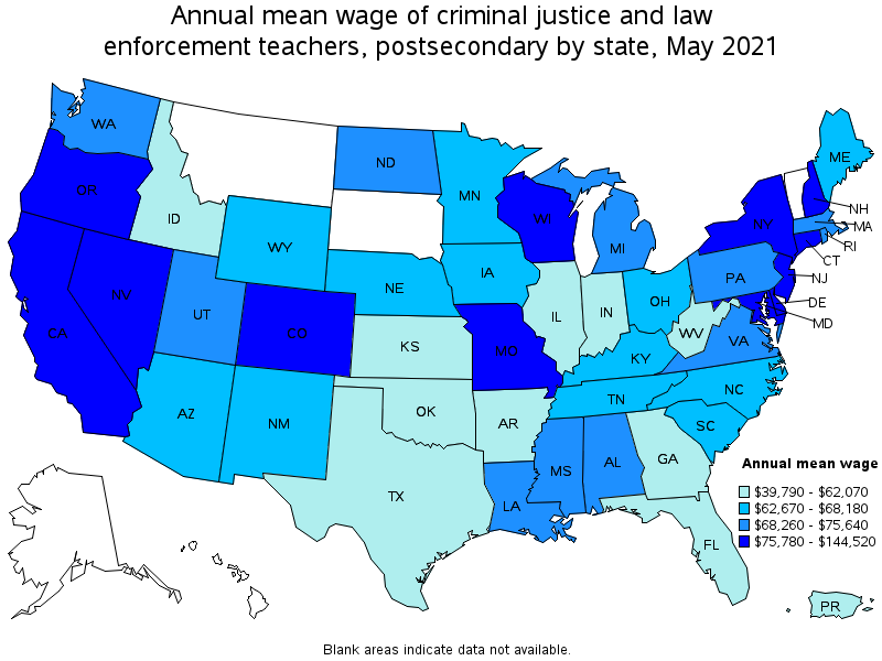 Map of annual mean wages of criminal justice and law enforcement teachers, postsecondary by state, May 2021