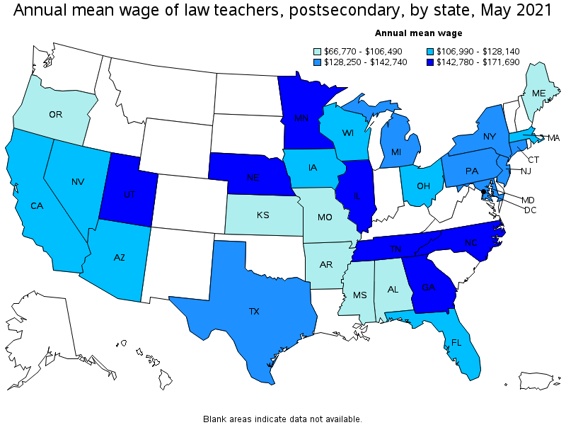 Map of annual mean wages of law teachers, postsecondary by state, May 2021