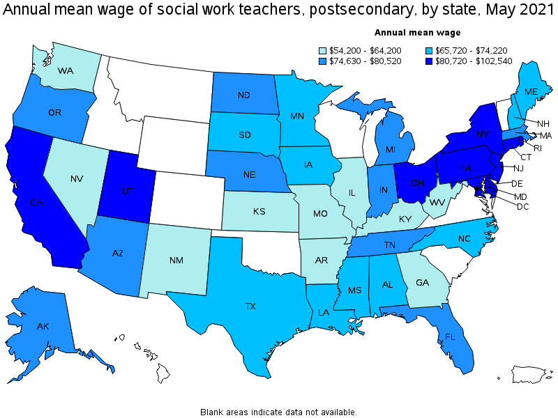 Map of annual mean wages of social work teachers, postsecondary by state, May 2021