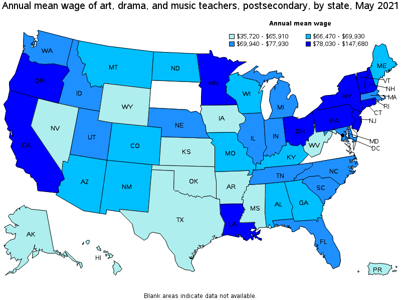 Map of annual mean wages of art, drama, and music teachers, postsecondary by state, May 2021