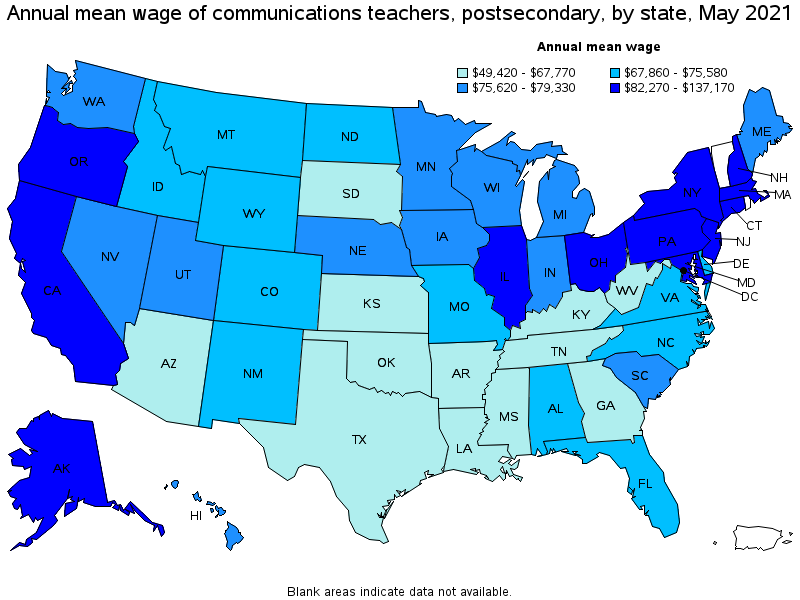 Map of annual mean wages of communications teachers, postsecondary by state, May 2021
