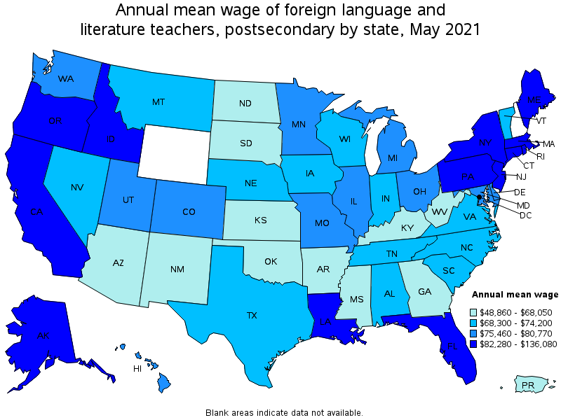Map of annual mean wages of foreign language and literature teachers, postsecondary by state, May 2021