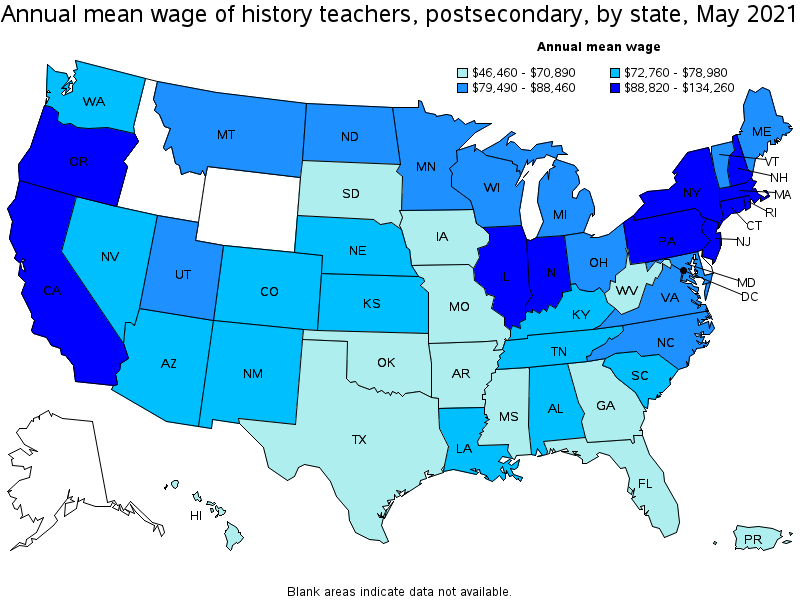 Map of annual mean wages of history teachers, postsecondary by state, May 2021