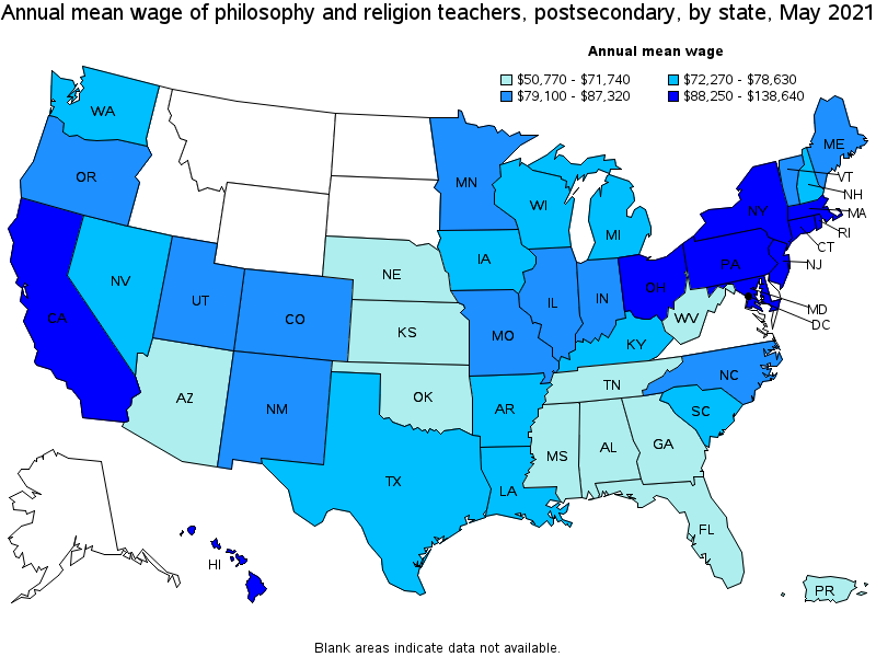Map of annual mean wages of philosophy and religion teachers, postsecondary by state, May 2021