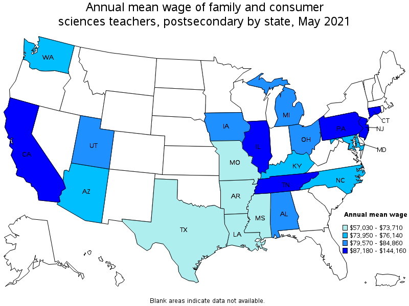 Map of annual mean wages of family and consumer sciences teachers, postsecondary by state, May 2021