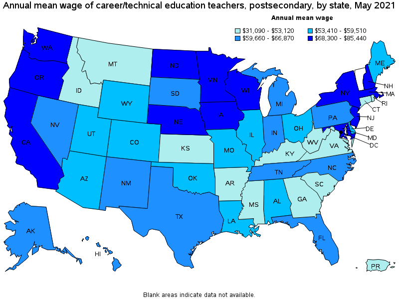 Map of annual mean wages of career/technical education teachers, postsecondary by state, May 2021