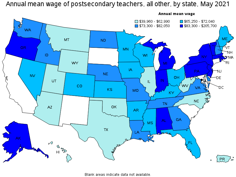 Map of annual mean wages of postsecondary teachers, all other by state, May 2021