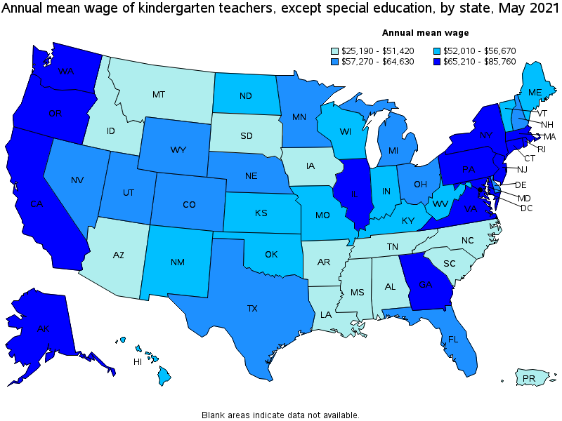 Map of annual mean wages of kindergarten teachers, except special education by state, May 2021