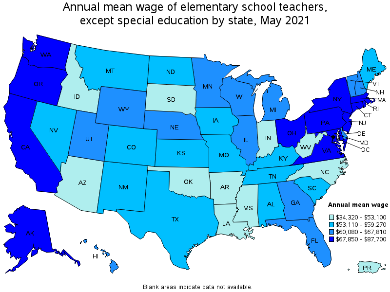 Map of annual mean wages of elementary school teachers, except special education by state, May 2021