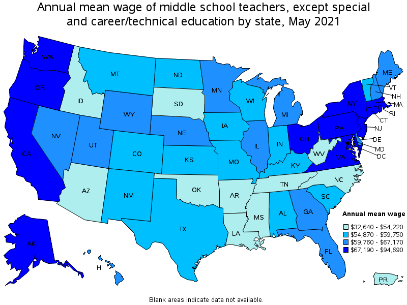 Map of annual mean wages of middle school teachers, except special and career/technical education by state, May 2021