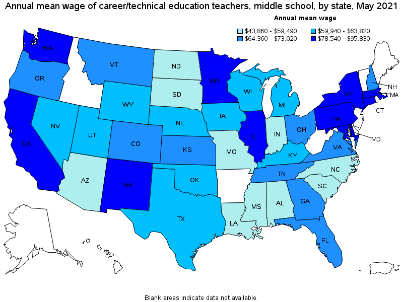 Map of annual mean wages of career/technical education teachers, middle school by state, May 2021