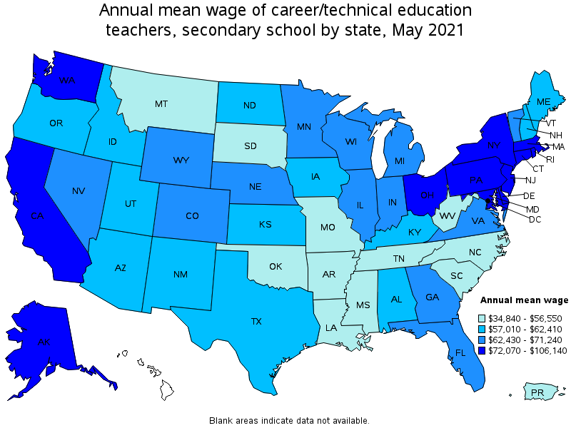 Map of annual mean wages of career/technical education teachers, secondary school by state, May 2021