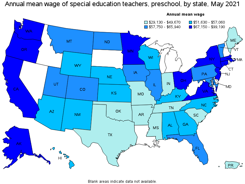Map of annual mean wages of special education teachers, preschool by state, May 2021