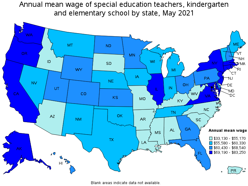 Map of annual mean wages of special education teachers, kindergarten and elementary school by state, May 2021