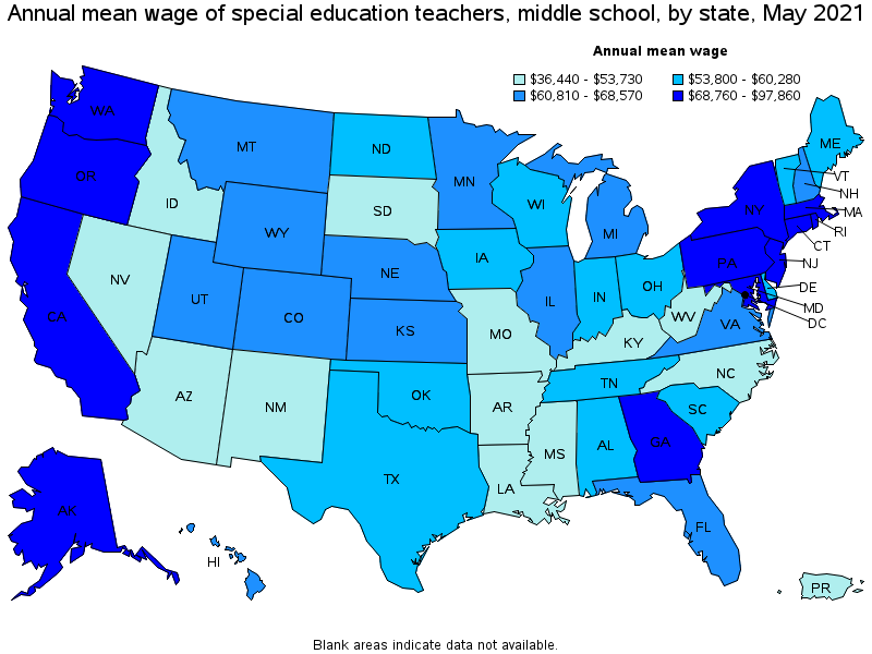 Map of annual mean wages of special education teachers, middle school by state, May 2021