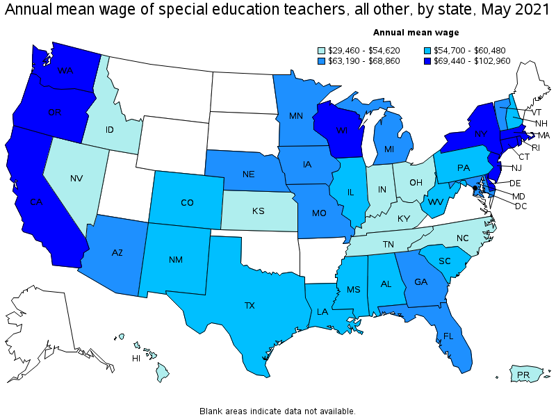 Map of annual mean wages of special education teachers, all other by state, May 2021