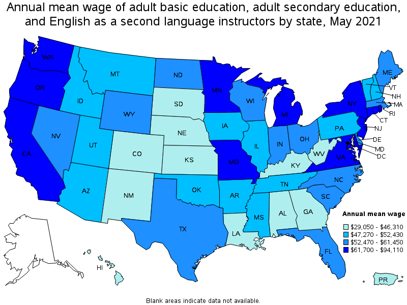 Map of annual mean wages of adult basic education, adult secondary education, and english as a second language instructors by state, May 2021