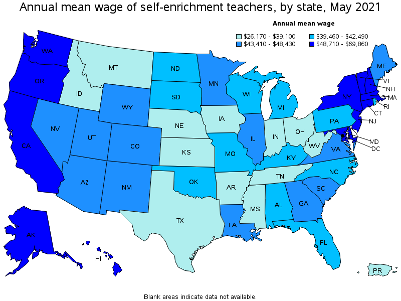 Map of annual mean wages of self-enrichment teachers by state, May 2021