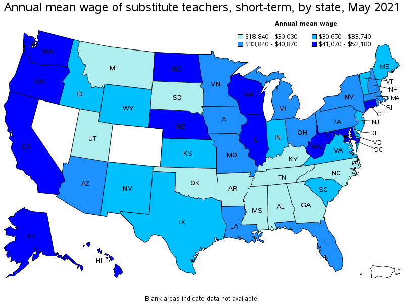 Map of annual mean wages of substitute teachers, short-term by state, May 2021