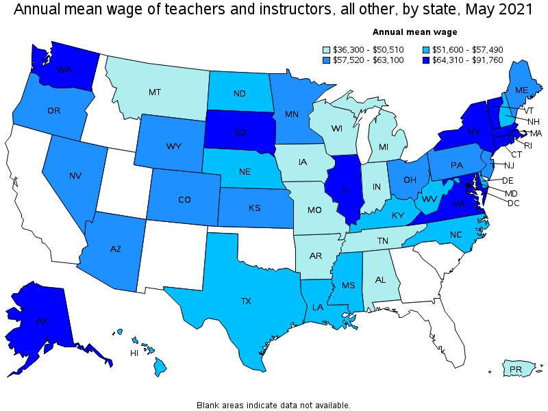 Map of annual mean wages of teachers and instructors, all other by state, May 2021