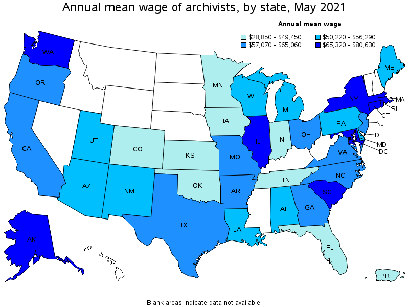 Map of annual mean wages of archivists by state, May 2021