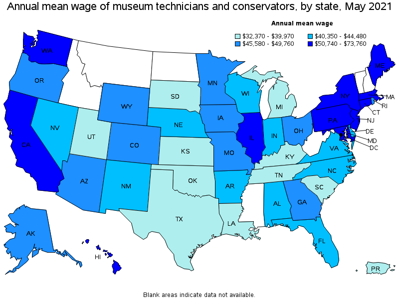 Map of annual mean wages of museum technicians and conservators by state, May 2021