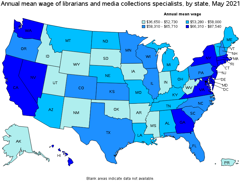 Map of annual mean wages of librarians and media collections specialists by state, May 2021