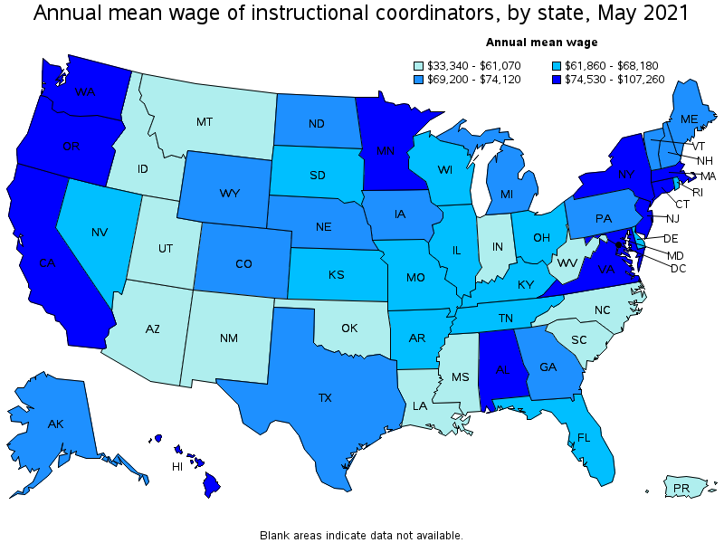 Map of annual mean wages of instructional coordinators by state, May 2021