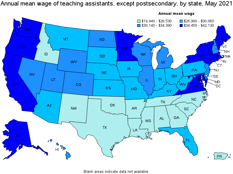 Map of annual mean wages of teaching assistants, except postsecondary by state, May 2021