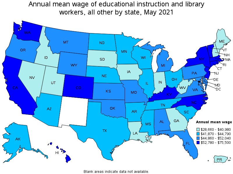 Map of annual mean wages of educational instruction and library workers, all other by state, May 2021