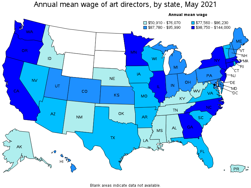Map of annual mean wages of art directors by state, May 2021