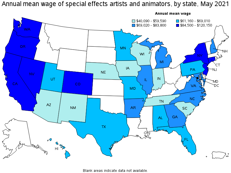 Map of annual mean wages of special effects artists and animators by state, May 2021