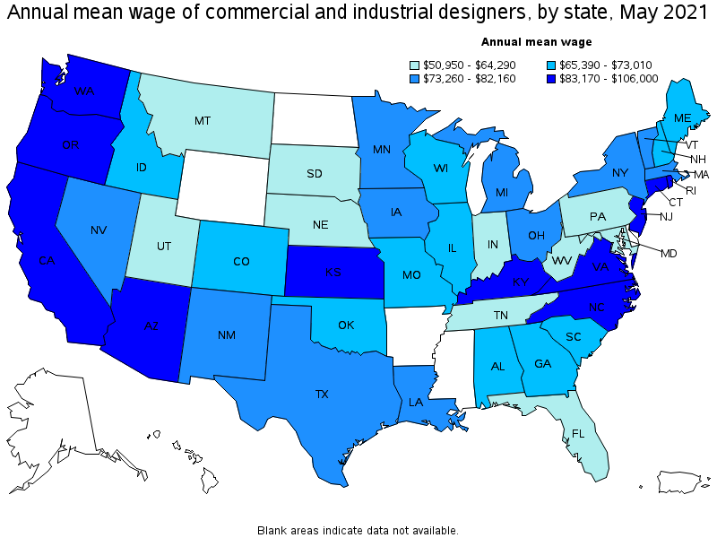 Map of annual mean wages of commercial and industrial designers by state, May 2021