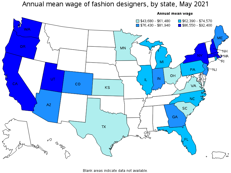 Map of annual mean wages of fashion designers by state, May 2021