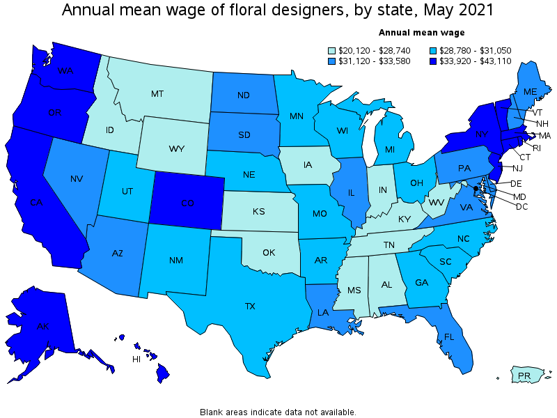 Map of annual mean wages of floral designers by state, May 2021