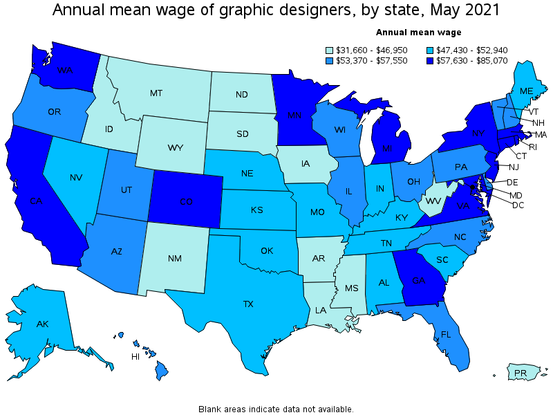 Map of annual mean wages of graphic designers by state, May 2021