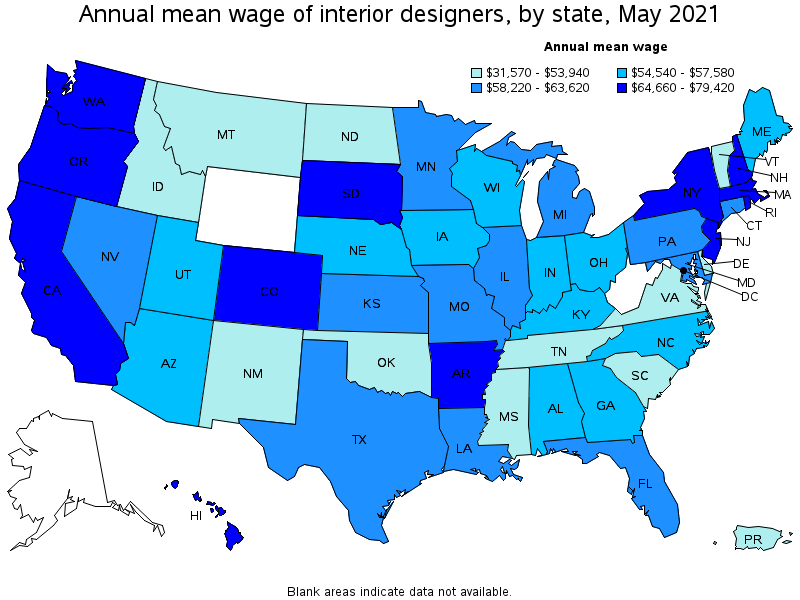 Map of annual mean wages of interior designers by state, May 2021