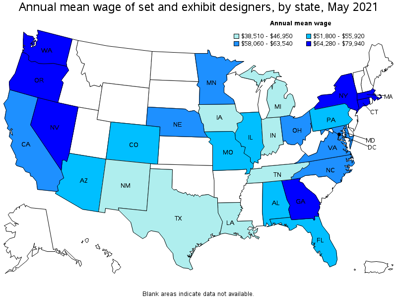 Map of annual mean wages of set and exhibit designers by state, May 2021