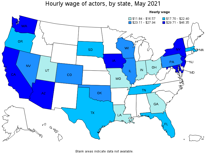Map of annual mean wages of actors by state, May 2021