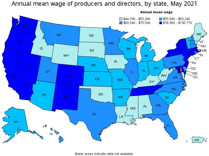 Map of annual mean wages of producers and directors by state, May 2021