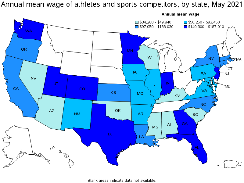 Map of annual mean wages of athletes and sports competitors by state, May 2021