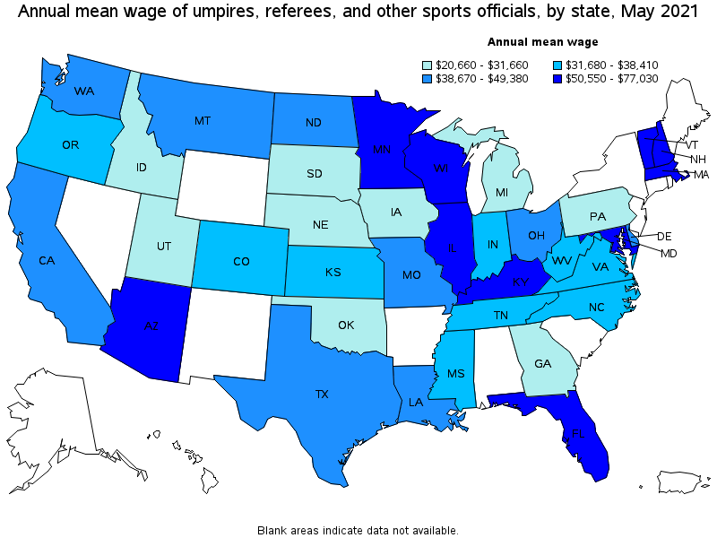 Map of annual mean wages of umpires, referees, and other sports officials by state, May 2021