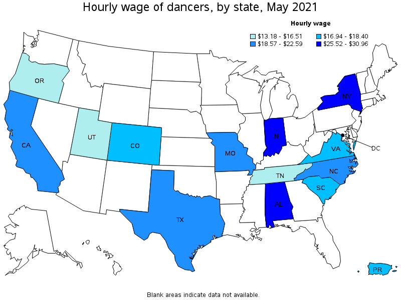 Map of annual mean wages of dancers by state, May 2021
