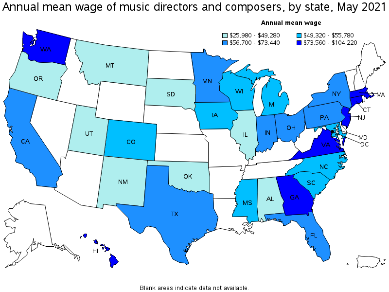 Map of annual mean wages of music directors and composers by state, May 2021