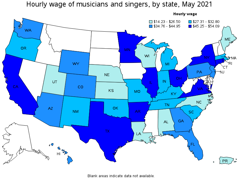 Map of annual mean wages of musicians and singers by state, May 2021