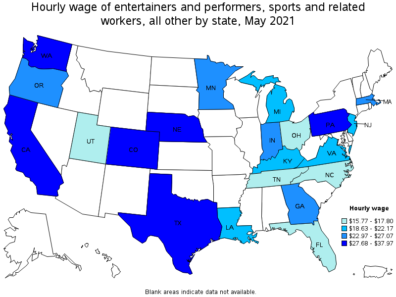 Map of annual mean wages of entertainers and performers, sports and related workers, all other by state, May 2021