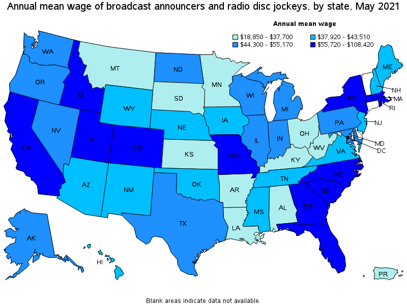Map of annual mean wages of broadcast announcers and radio disc jockeys by state, May 2021