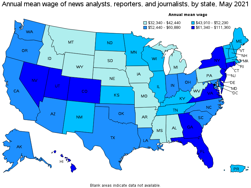 Map of annual mean wages of news analysts, reporters, and journalists by state, May 2021