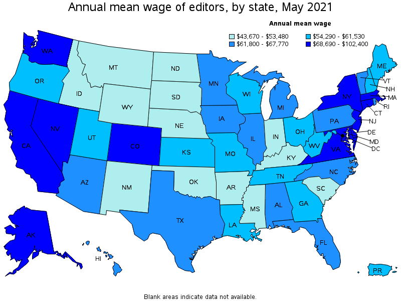 Map of annual mean wages of editors by state, May 2021