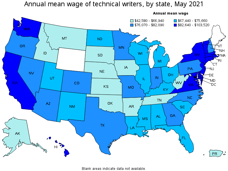 Map of annual mean wages of technical writers by state, May 2021